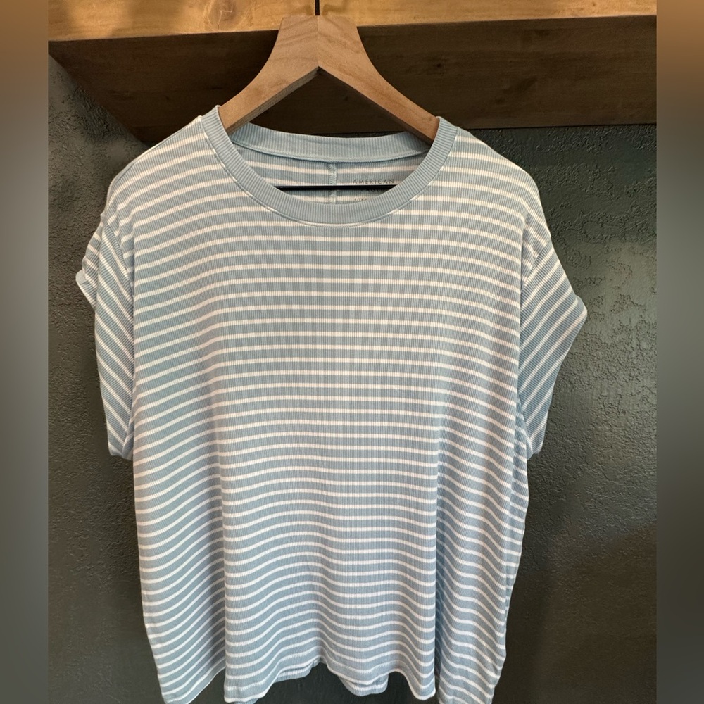 American Eagle Outfitters Light Blue & White Striped Crewneck Tee